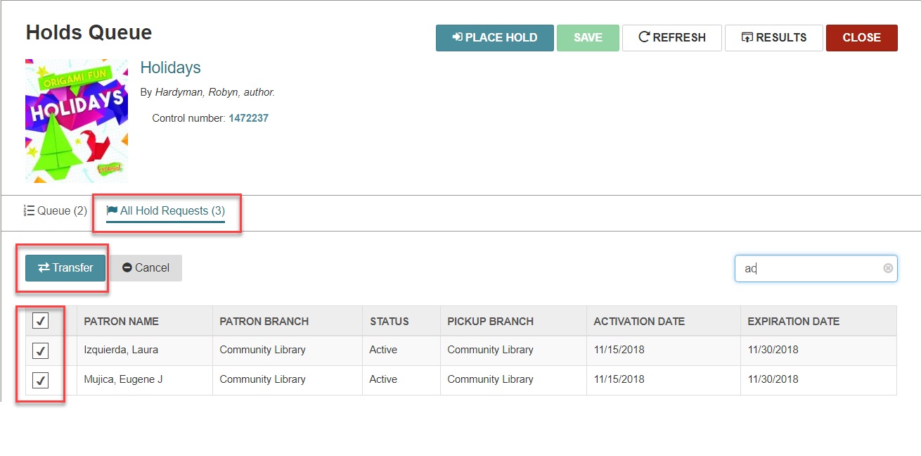 Click to expand Holds Queue workform, All Hold Requests tab